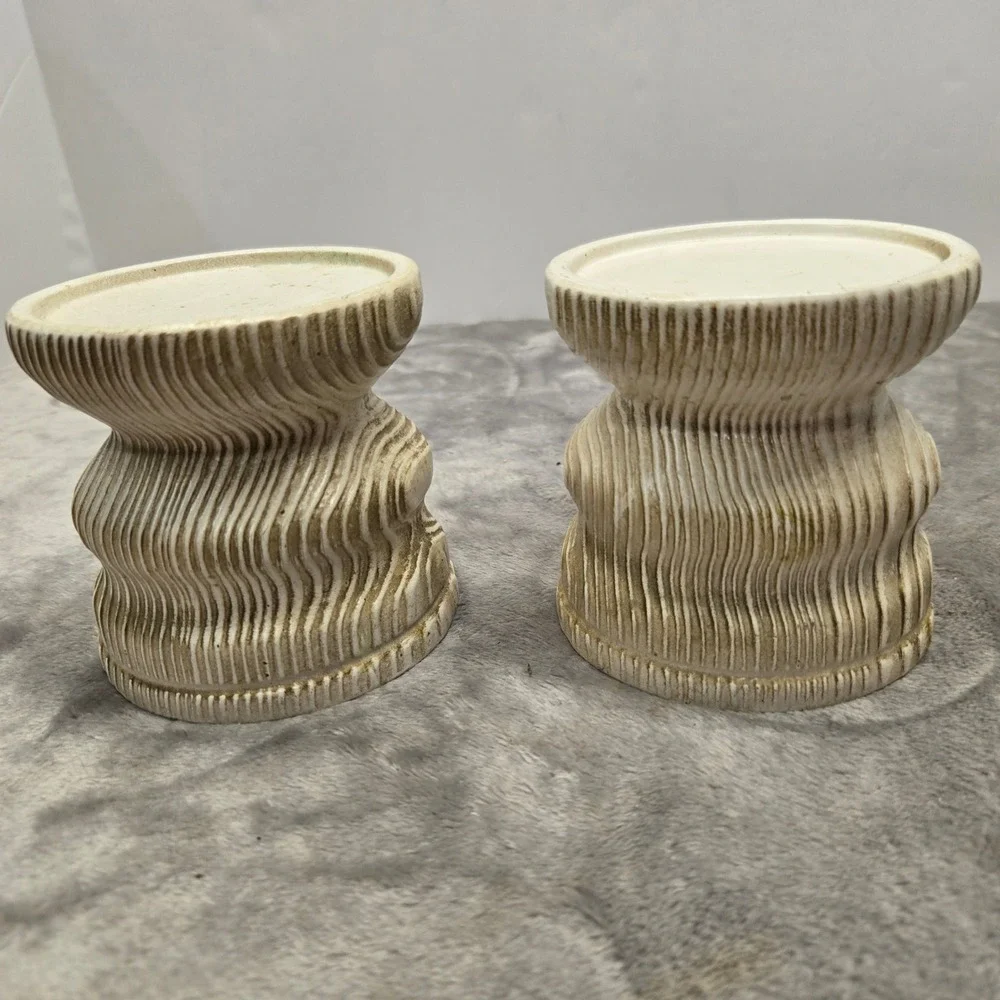 Vintage Japan Pillar‎ Candle Holders Pair Brutalist Textured Cream Brown Wood